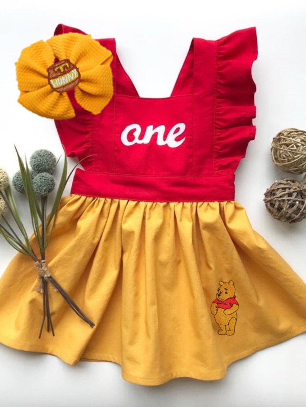 Winnie The Pooh Smash Cake first Birthday Outfit Dress Clothes Headband bow